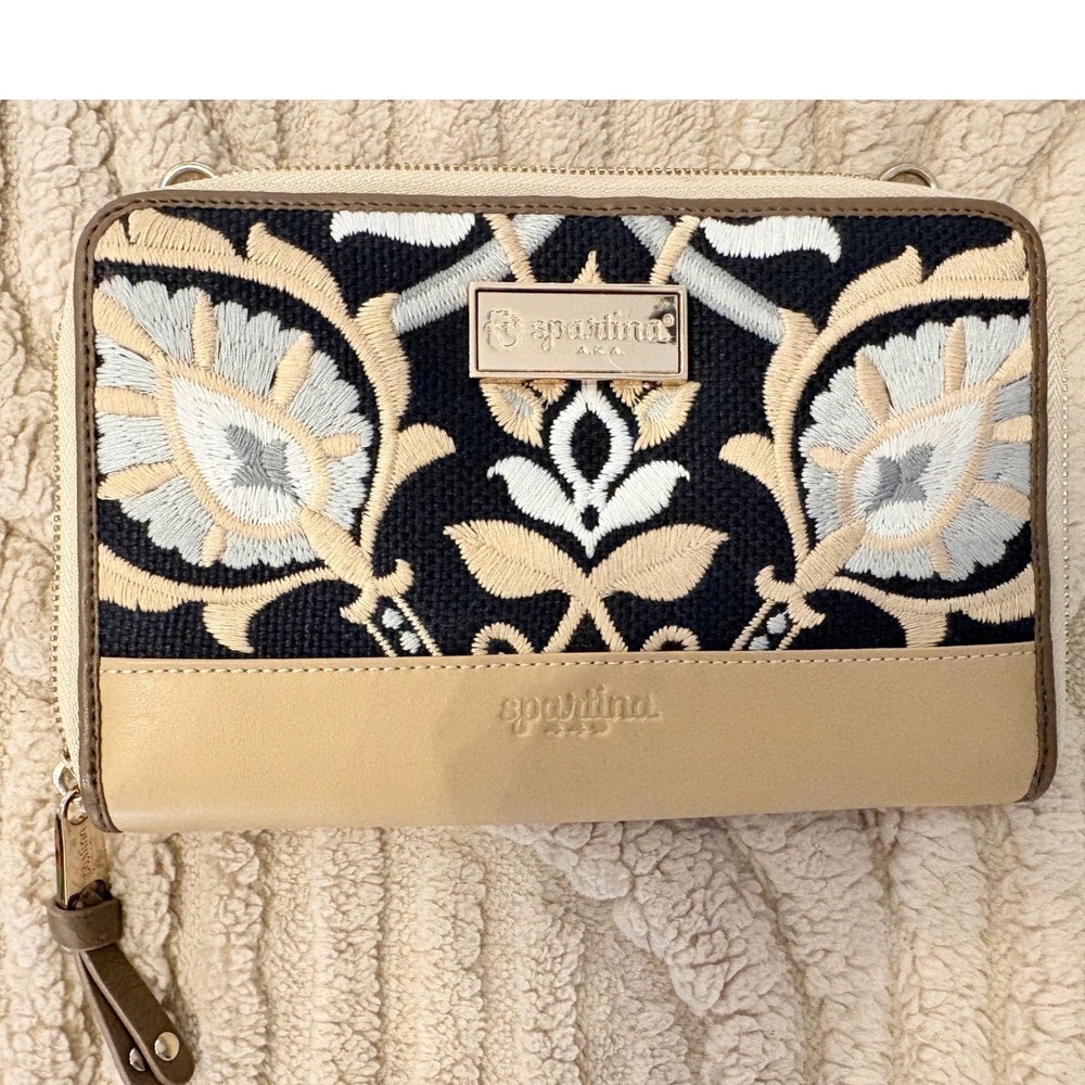 Spartina 449 Embroidered Linen Leather Crossbody Wallet Navy Tan Floral